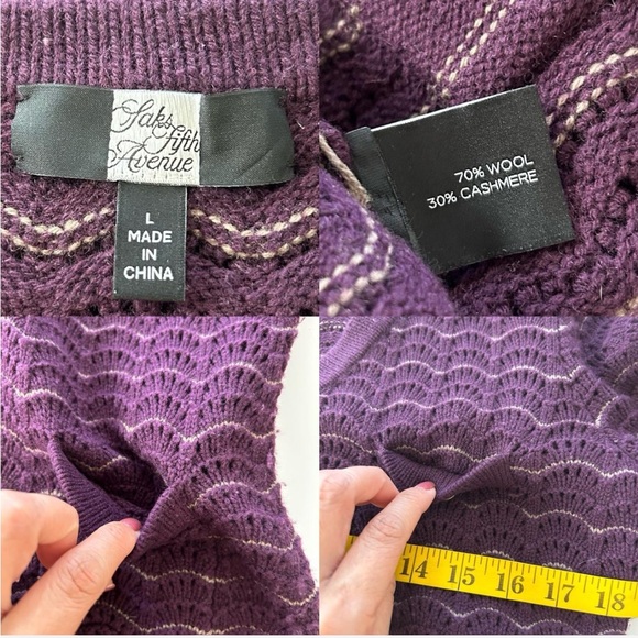 Saks Fifth Avenue Cashmere Wool Blend Cardigan Pointelle Knit Scalloped Large. - Picture 8 of 12